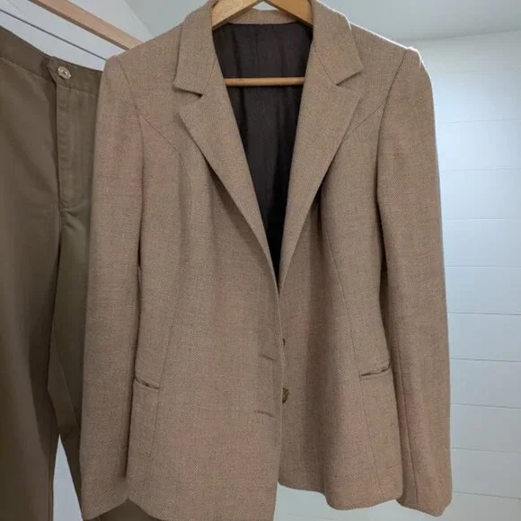 Vintage 1990s Custom Tailored Beige Wool Herringbone Blazer S/M - Picture 6 of 11